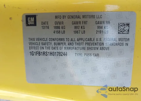 2017 Chevrolet Camaro 1Lt z USA, uszkodzony, nr VIN 1G1FB1RS1H0178244